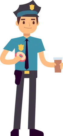 Männlicher Polizist hält Kaffeetasse und Donut  Illustration