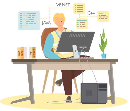 Männlicher Programmierer arbeitet an der Webentwicklung auf Computern  Illustration