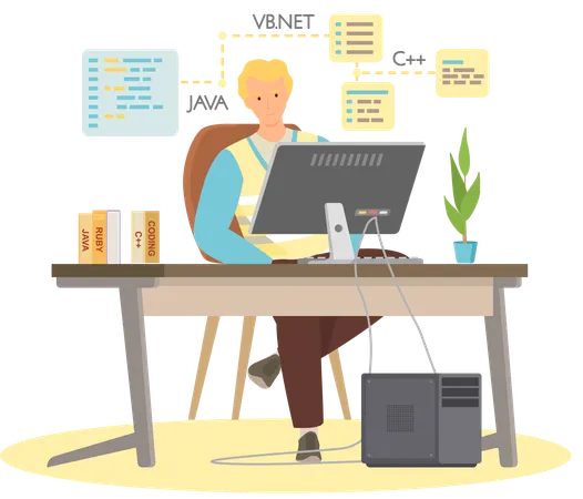 Männlicher Programmierer arbeitet an der Webentwicklung auf Computern  Illustration