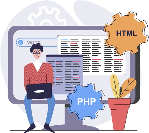 Männlicher Programmierer arbeitet an PHP- und HTML-Codierung  Illustration