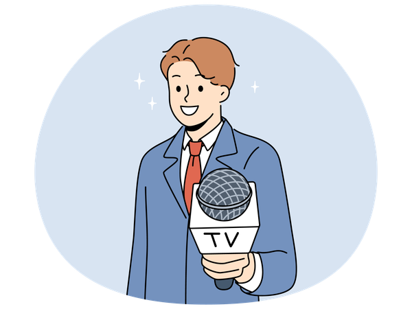 Männlicher Reporter streckt Mikrofon zur Kamera  Illustration