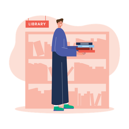 Männlicher Student in der Bibliothek  Illustration