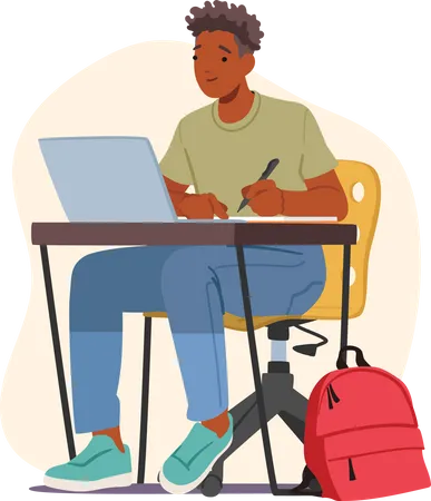 Männlicher Student sitzt am Schreibtisch mit Laptop und schreibt in Notizbuch  Illustration