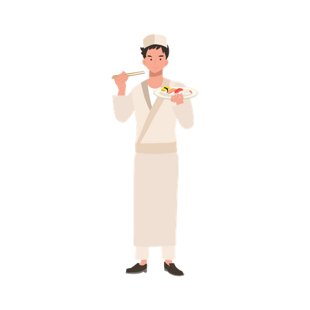 Männlicher Sushi-Koch hält Essstäbchen und einen Teller mit verschiedenen Sushi  Illustration