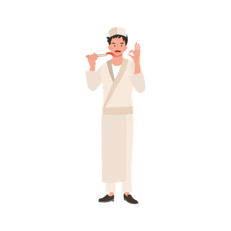 Männlicher Sushi-Koch hält Sushi mit Stäbchen und macht OK-Handzeichen als gute Qualität und guten Geschmack  Illustration