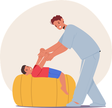 Männlicher Therapeut hilft einem jungen Jungen bei der Durchführung von körperlichen Rehabilitationsübungen  Illustration