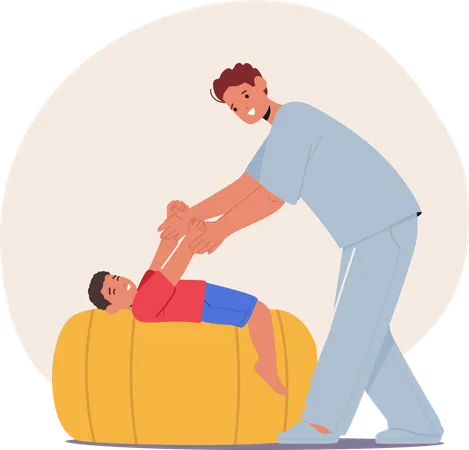 Männlicher Therapeut hilft einem jungen Jungen bei der Durchführung von körperlichen Rehabilitationsübungen  Illustration