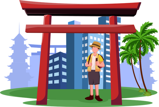 Männlicher Tourist macht Urlaub in Japan  Illustration