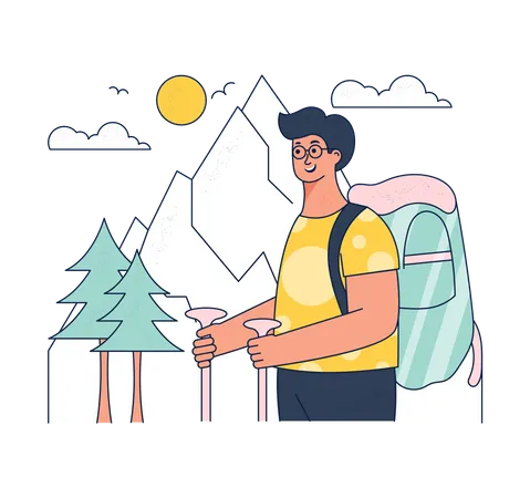 Männliche Touristen wandern im Schneewald  Illustration