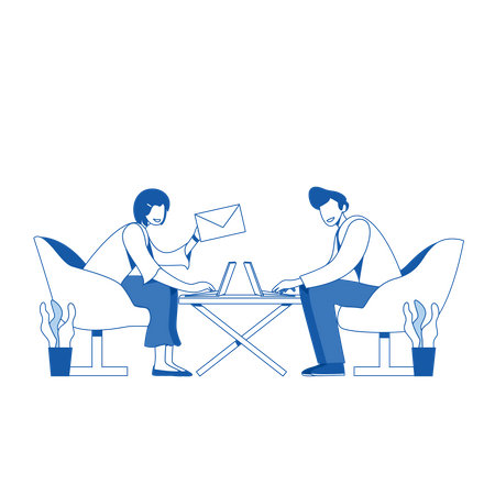 Männliche und weibliche Mitarbeiter arbeiten am Laptop  Illustration