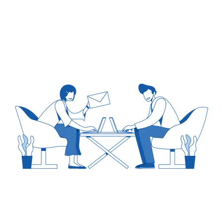 Männliche und weibliche Mitarbeiter arbeiten am Laptop  Illustration