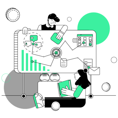 Männliche und weibliche Mitarbeiter bei der Planung für digitales Marketing  Illustration