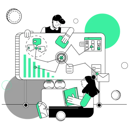 Männliche und weibliche Mitarbeiter bei der Planung für digitales Marketing  Illustration