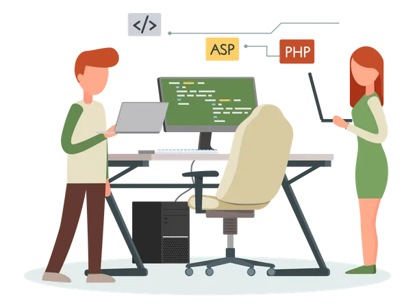 Männlicher und weiblicher Programmierer arbeiten zusammen  Illustration