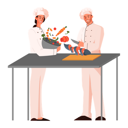 Männlicher und weiblicher Restaurantkoch, der Essen in der Küche kocht  Illustration