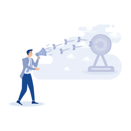 Männlicher Vermarkter spricht über Megafon mit Bogenschützen, der ins Schwarze trifft  Illustration