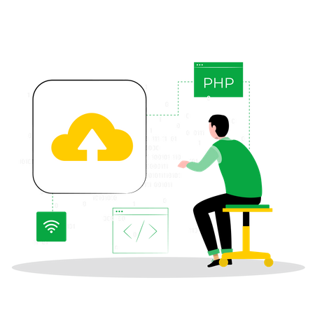 Männlicher Webentwickler testet Cloud-Upload-Framework  Illustration