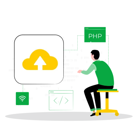 Männlicher Webentwickler testet Cloud-Upload-Framework  Illustration