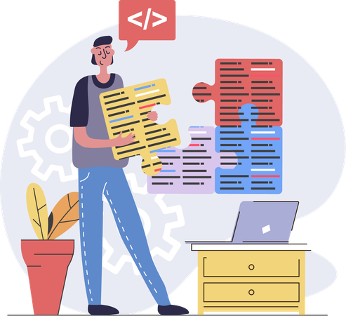 Männlicher Webentwickler verwirrt zwischen Code  Illustration