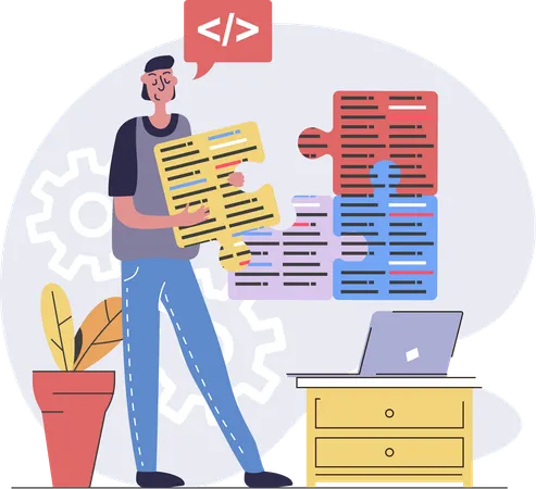 Männlicher Webentwickler verwirrt zwischen Code  Illustration