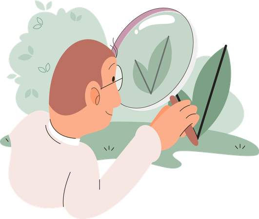 Männlicher Wissenschaftler analysiert Pflanze und untersucht Blatt durch Lupe  Illustration