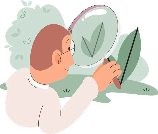 Männlicher Wissenschaftler analysiert Pflanze und untersucht Blatt durch Lupe  Illustration
