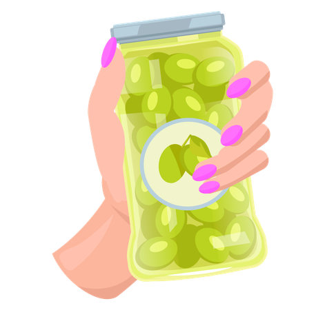 Mano con aceitunas verdes en tarro de cristal.  Ilustración
