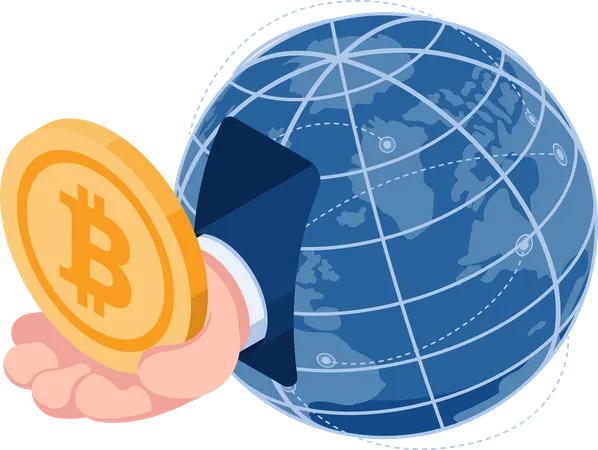 Mano Isometrica Plana 3 D Con Bitcoin Sale Del Mundo Concepto De Bitcoin Y Criptomoneda Ilustración