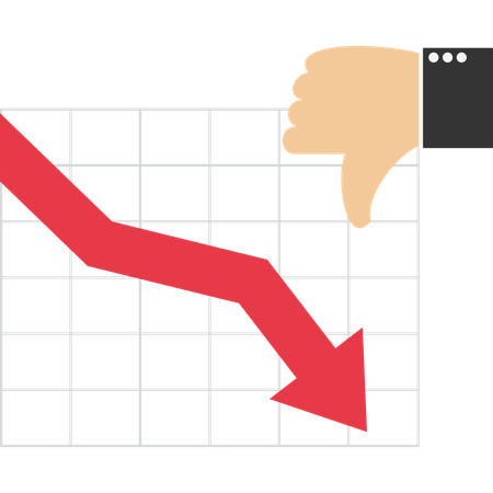 Gráfico de flecha roja del mercado de valores con la mano con el pulgar hacia abajo  Ilustración