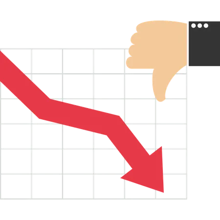 Gráfico de flecha roja del mercado de valores con la mano con el pulgar hacia abajo  Ilustración