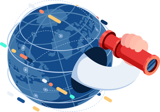 Mano con telescopio fuera de The World Global Business Vision  Ilustración