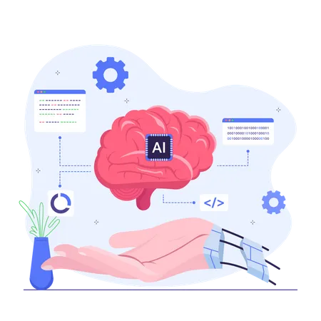 Ilustracion De La Mano Cyborg Con Cerebro De Inteligencia Artificial Ilustración