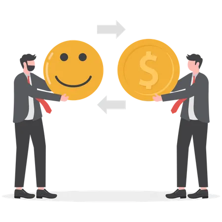 Mano de hombre de negocios ofrece dinero para comprar cara de sonrisa de felicidad  Ilustración