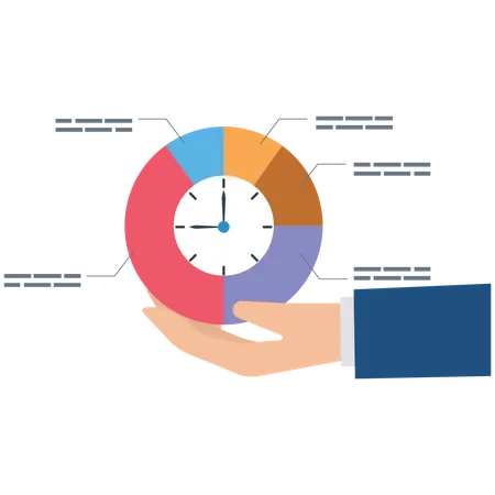 Mano de empresario sosteniendo gráfico circular con reloj  Ilustración