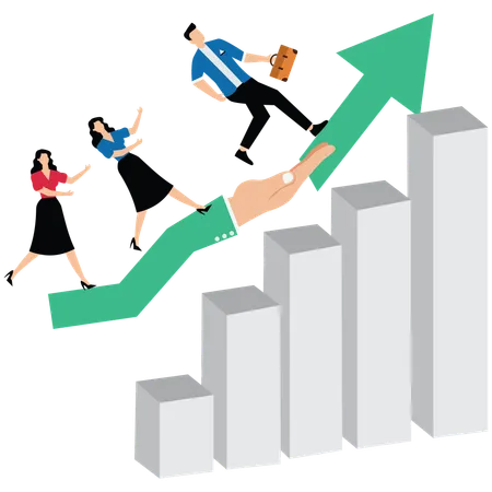 La mano del hombre de negocios ayuda a las personas a escalar el gráfico de crecimiento  Ilustración