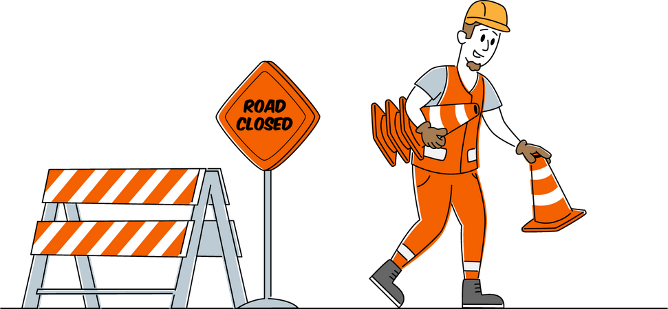 Trabajo poniendo cono de seguridad para la seguridad de los trabajadores viales  Ilustración