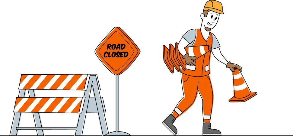 Trabajo poniendo cono de seguridad para la seguridad de los trabajadores viales  Ilustración