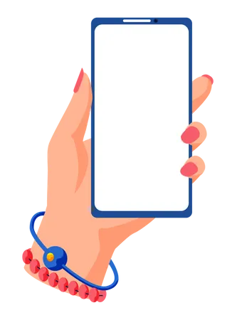 Mano femenina sosteniendo teléfono inteligente y pantalla táctil. Teléfono de ilustración vectorial plana con pantalla en blanco  Ilustración