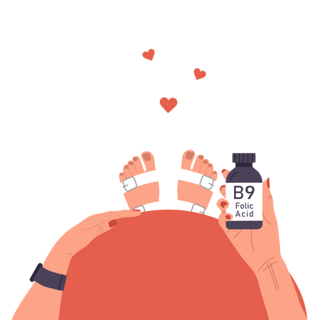 Mano femenina sosteniendo suplementos de vitamina B9 para embarazadas  Ilustración