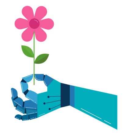 Mano robótica con una flor.  Ilustración