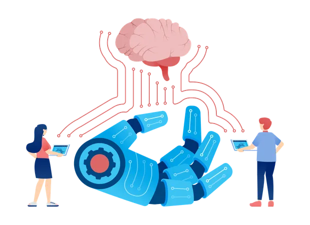 Mano robótica conectada al cerebro para la integración de redes de usuarios y tecnología  Ilustración