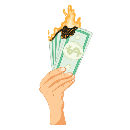 Mano sosteniendo billetes de dólar en llamas  Ilustración