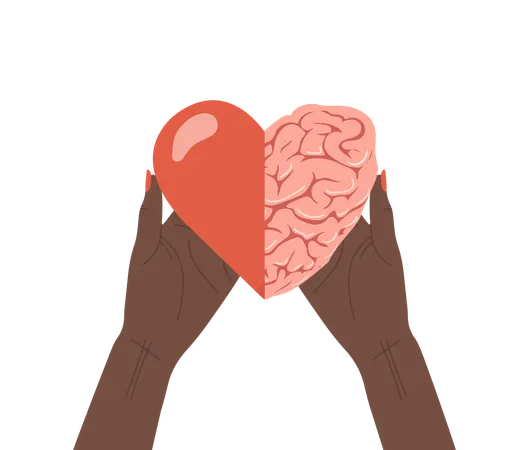 Mano sosteniendo el corazón con el cerebro  Ilustración