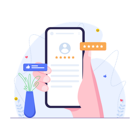 Mano sosteniendo el teléfono inteligente y dejando calificación y revisión positivas  Ilustración