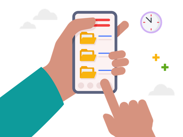 Mano que sostiene el teléfono inteligente con carpetas de archivos  Ilustración