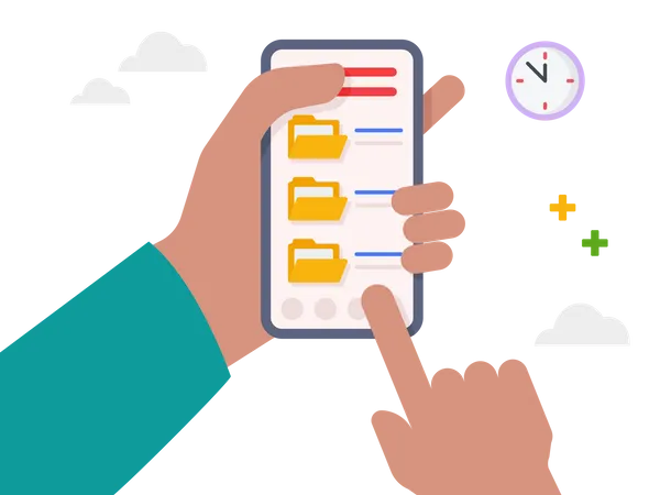 Mano que sostiene el teléfono inteligente con carpetas de archivos  Ilustración