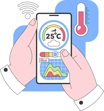 Mano que sostiene el teléfono inteligente que muestra datos meteorológicos  Illustration