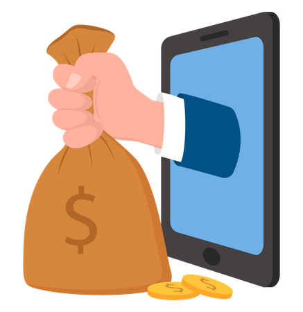 La mano sostiene una gran bolsa de dinero que se asoma a la pantalla del teléfono inteligente  Ilustración