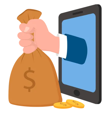 La mano sostiene una gran bolsa de dinero que se asoma a la pantalla del teléfono inteligente  Ilustración