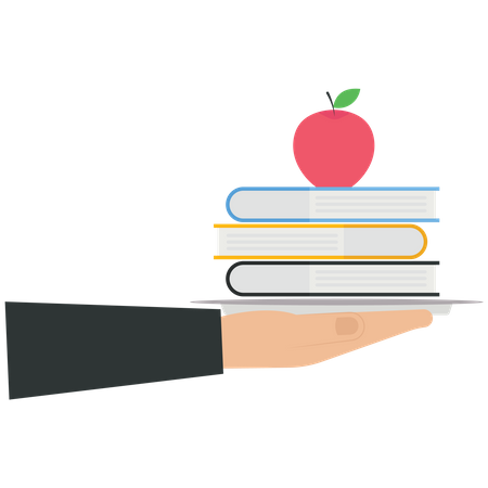 La mano sostiene una pila de libros y una manzana en una bandeja de comida  Ilustración